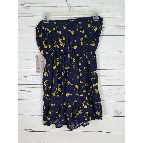 Justify Navy Blue With Yellow Floral Print Strapless Size Medium Romper - Picture 2 of 6